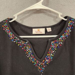 Quacker Factory Womens Top Tunic 1X 3/4 Sleeve Black Festive‎ Embellished V-neck